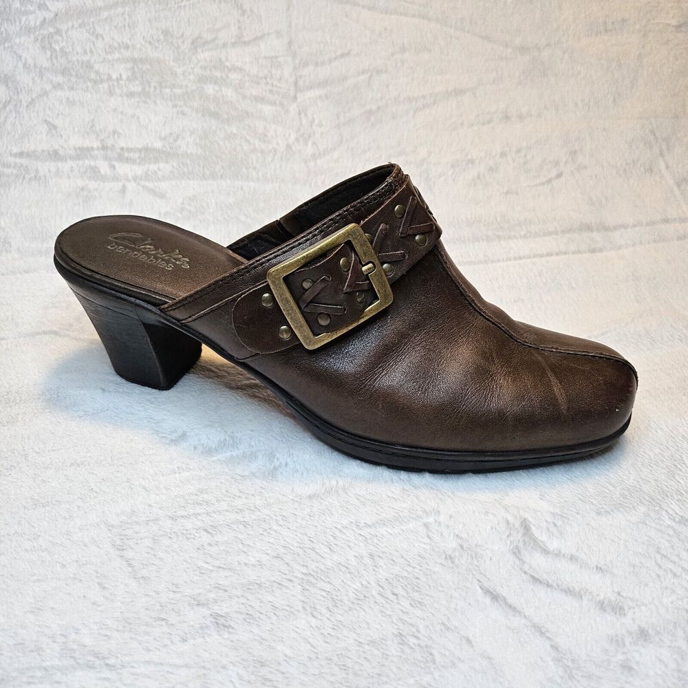 Clarks Womens 9 Bendables Mules Slide Clogs Buckle Brown Leather Comfort Heels